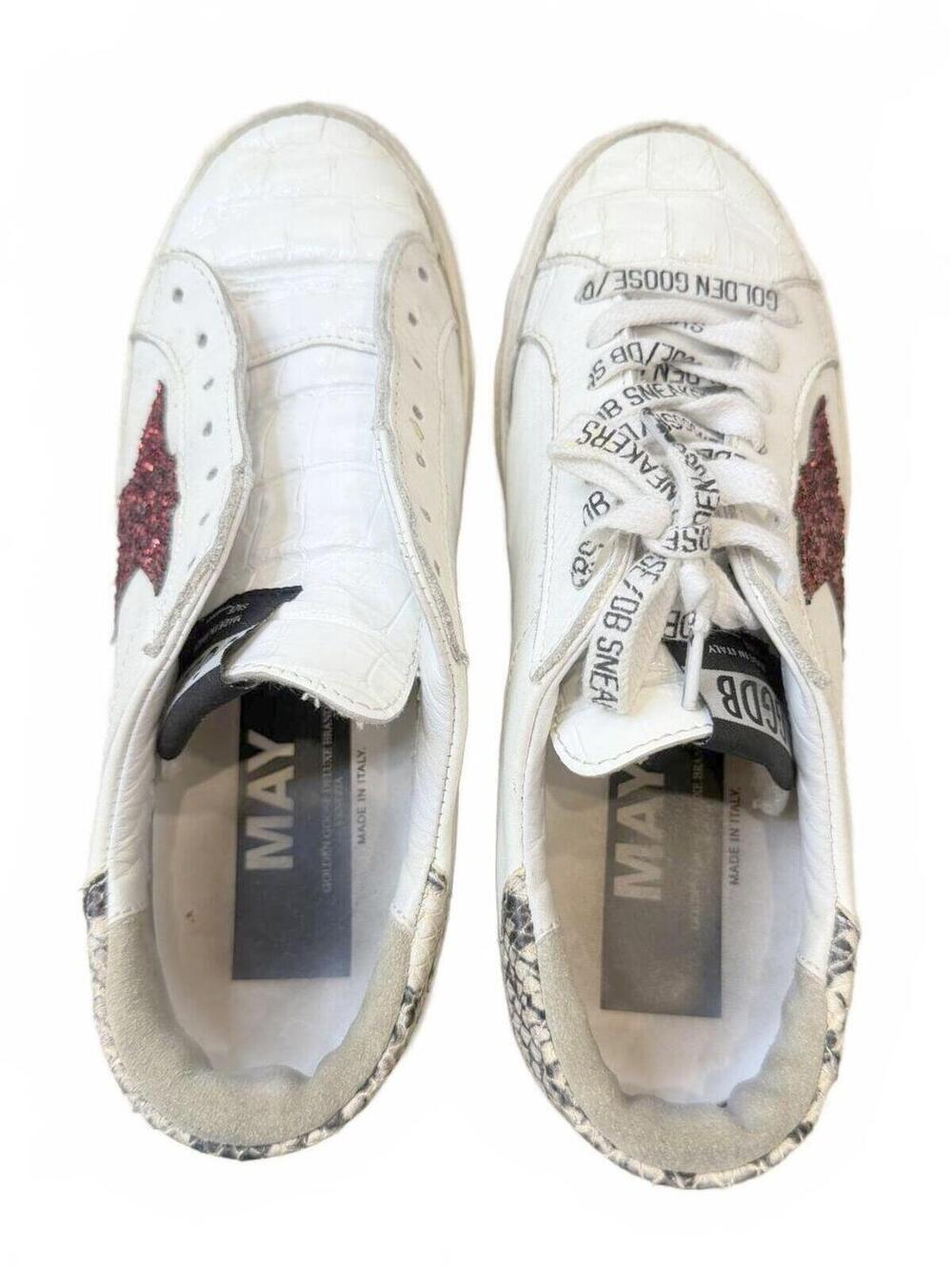 Golden Goose May White Croc-Embossed Sneakers Red Glitter Star Snake Print Sz 7 - Picture 3 of 13
